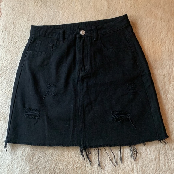 NEW Black Denim Frayed Mini Skirt - Picture 11 of 15